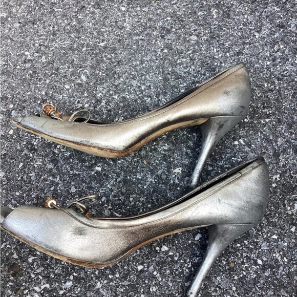 Acubi mermaidcore fairycore Gucci Open Toe Silver Heel Leather Shoes US 7.5 - Picture 5 of 15